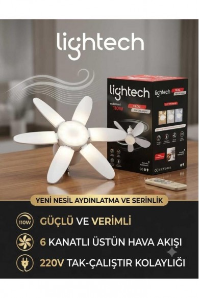 LİGHTECH 110W Pervaneli Fanlı LED Ampul Kumandalı E27 3 Renk 6 Kanat 52cm DİM Edilebilir