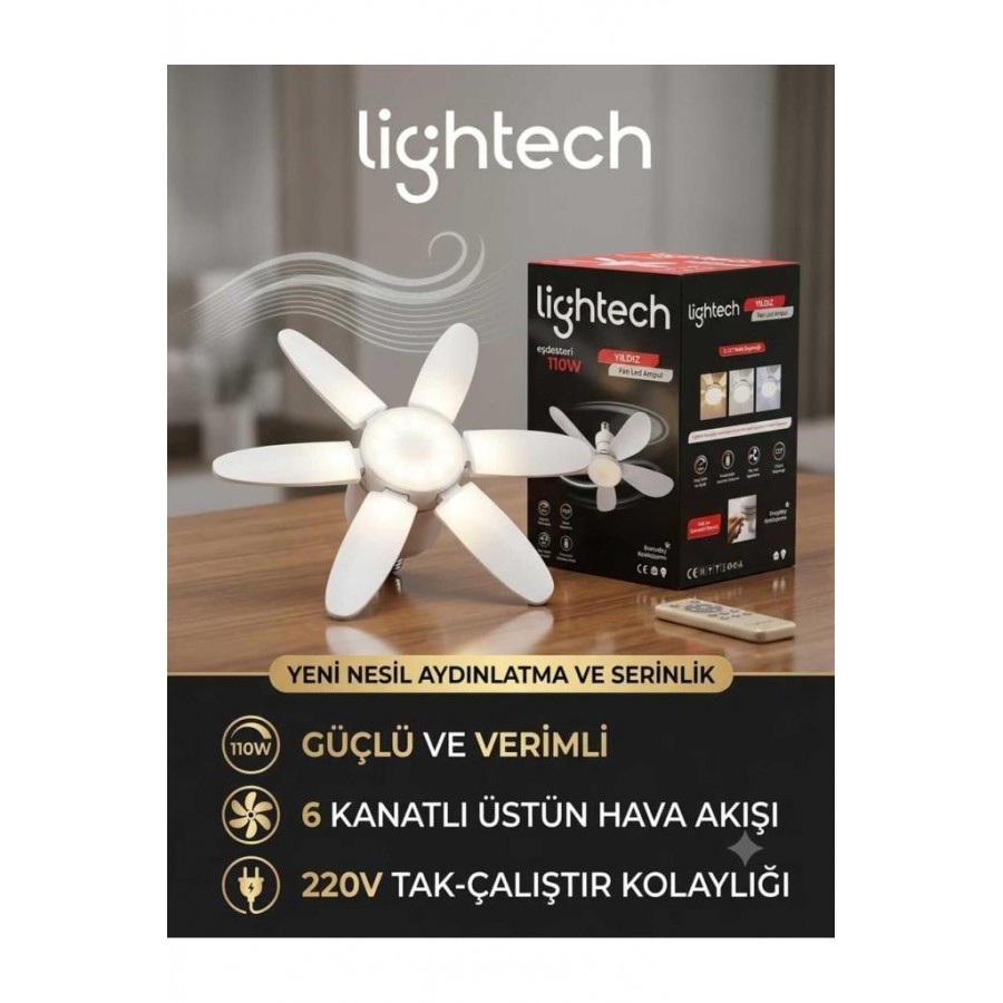 LİGHTECH 110W Pervaneli Fanlı LED Ampul Kumandalı E27 3 Renk 6 Kanat 52cm DİM Edilebilir