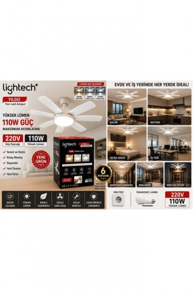 LİGHTECH 110W Pervaneli Fanlı LED Ampul Kumandalı E27 3 Renk 6 Kanat 52cm DİM Edilebilir LİGHTECH 110W Pervaneli Fanlı LED Ampul Kumandalı E27 3 Renk 6 Kanat 52cm DİM Edilebilir