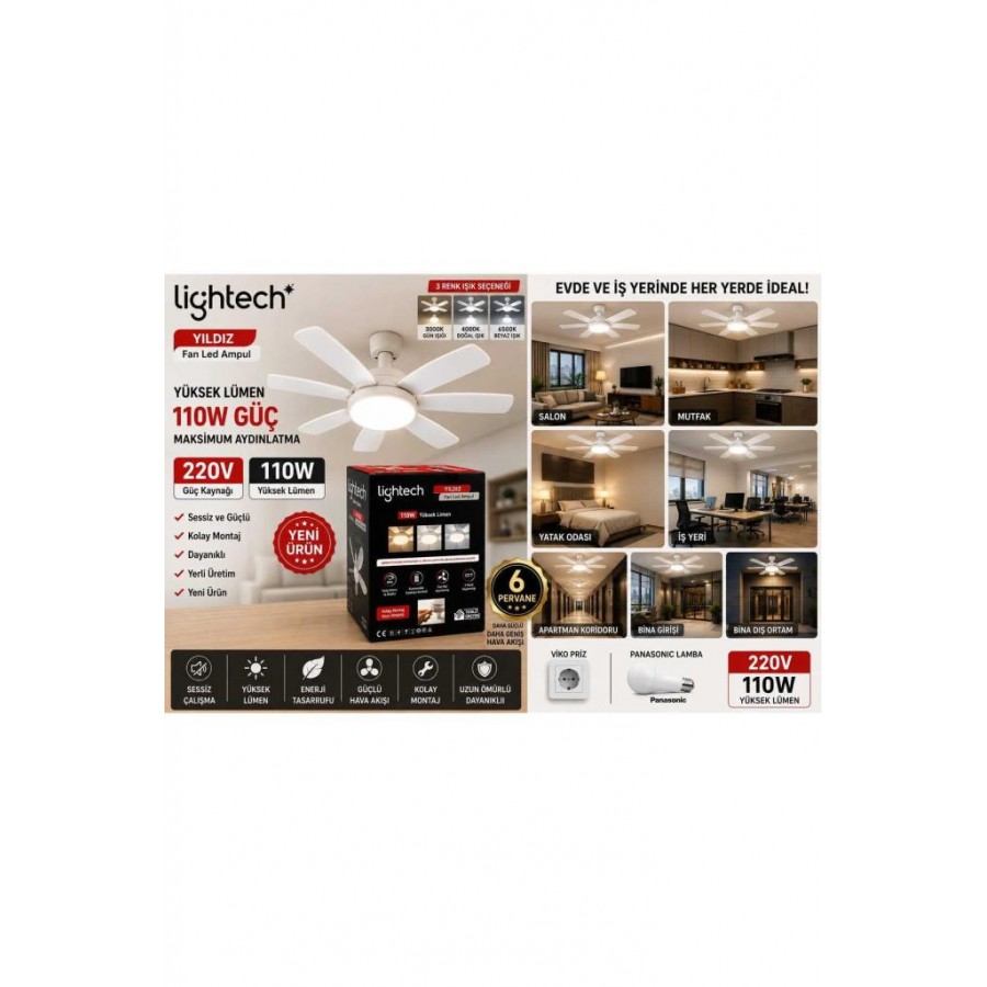 LİGHTECH 110W Pervaneli Fanlı LED Ampul Kumandalı E27 3 Renk 6 Kanat 52cm DİM Edilebilir